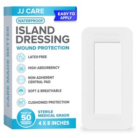 JJ CARE Waterproof Adhesive Island Dressing [Pack of 50], 4” x 8” Sterile Bordered Gauze, Breathable Island Wound Dressing, Individually Wrapped Adhesive Gauze Bandages with Non-Stick Central Pad