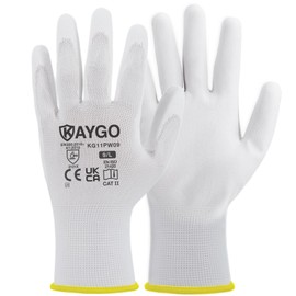 KAYGO Work Gloves PU Coated-12 Pairs, KG11PW, Safety Working Gloves with Secure Grip on Palm & Fingers, for Men and Women, Ideal for General Purpose Light Duty Work, Gardening (Large, White)