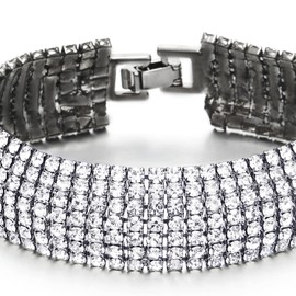 Sparkling Womens Crystal Rhinestones Cluster Wide Grey Black Bangle Bracelet(CA)