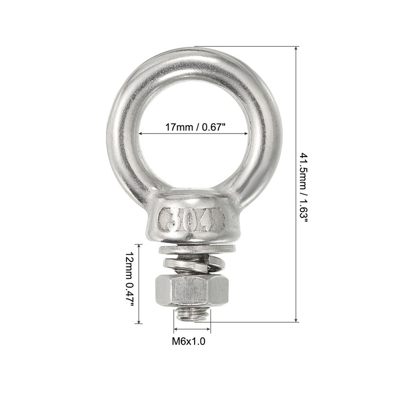 sourcing map M6 1/4"x0.47" Stainless Steel Eye Bolts Threaded Screw