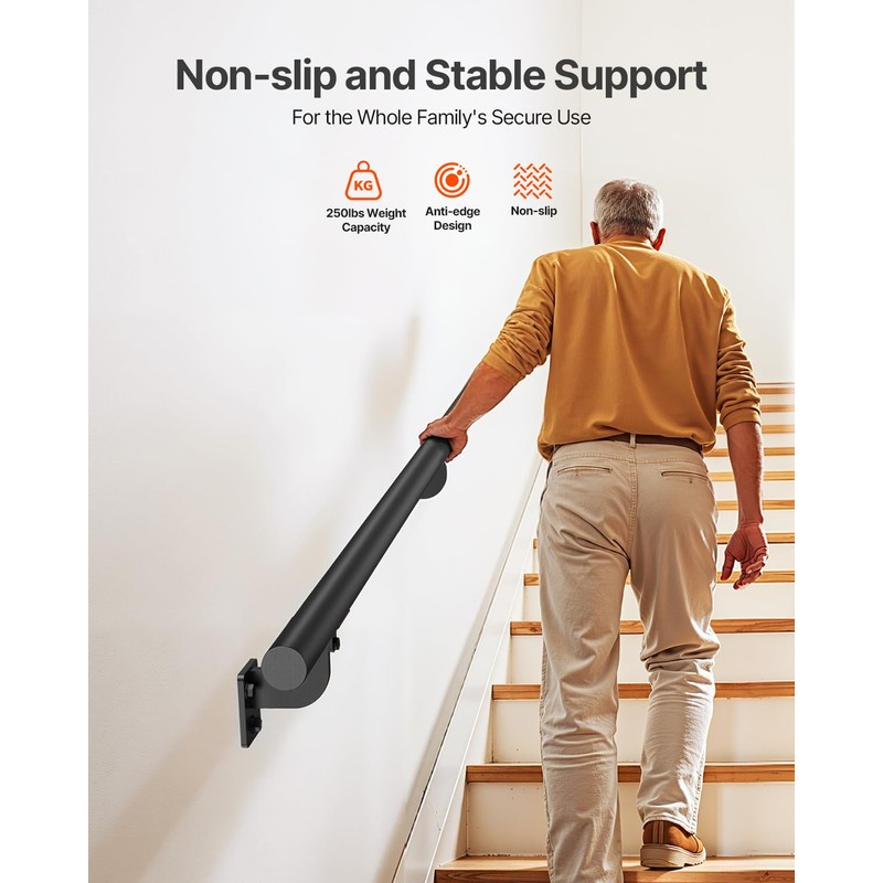 VEVOR Wall Mounted Stair Handrail, 10ft Pipe Staircase Handrail, Black