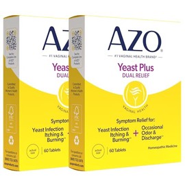 AZO Yeast Plus Dual Homeopathic Yeast Infection Symptom Relief for Women–Vaginal Itching & Burning + Odor & Discharge, Intimate Health Tablets, 2 Pack (60 Count x2), from the #1 Vaginal Health Brand!
