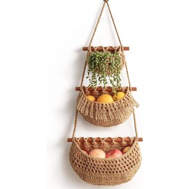 Felenny 3 Tier Hanging Fruit Basket Handmade Woven Jute Hanging Wall Basket Vegetable Fruit Hanger Basket Over the Door Organizer for Kitchen Bedroom