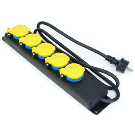GLT 10 x Paccs 5-Way Rubber Multiple Sockets Black/Yellow Power Strip, Slots 45 Degree Rotated, Cable 1.4 m, Outdoor/Outdoor/Construction Sites IP44 - H07RN-F 3 x 1.5 mm²