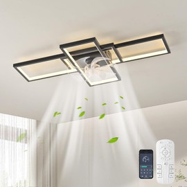 GEADI Modern Ceiling Fan with Light,Dimmable Flush Mount Ceiling Fans with Lights and Remote,35.4" Black Led Fandelier,Low Profile Ceiling Fan for Bedroom,Kitchen（6-Speed,Timing,3000-6000k）