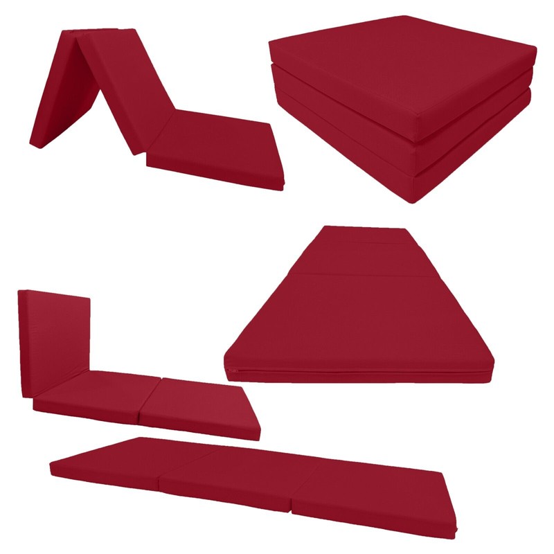 Danfuton Red Tri Fold Foam Beds, Shikibuton, Convertible Ottoman Mat