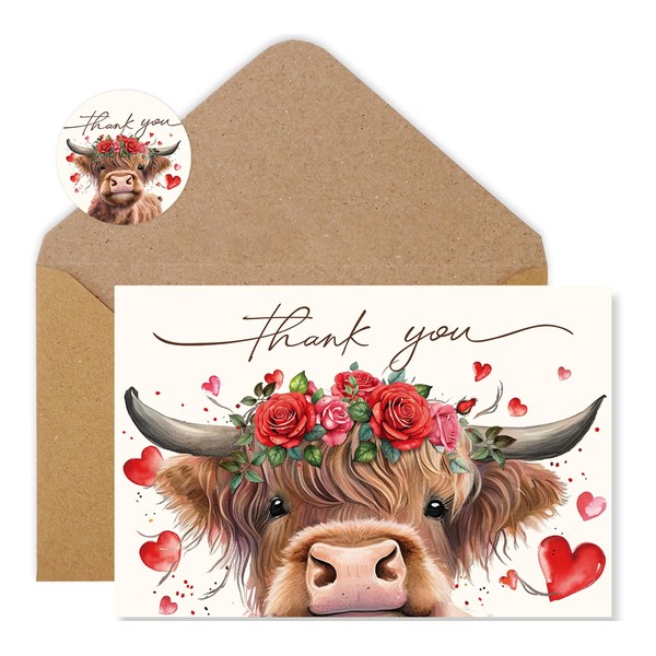Whaline 36Pcs Valentines Highland Cow Thank You Cards with Envelopes