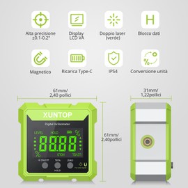 XUNTOP 4x90° Inclinometro Digitale con Laser Verde Precisione ±0,1°/ 0,2°