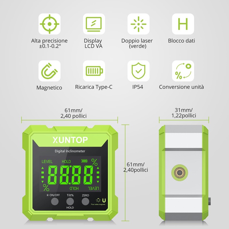 XUNTOP 4x90° Inclinometro Digitale con Laser Verde Precisione ±0,1°/ 0,2°