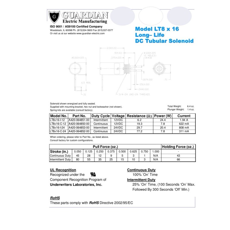 GUARDIAN ELECTRIC LT 8X16-I-24 VDC Solenoid,Tubul