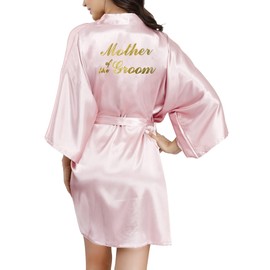 ALHAVONE Bride Bridesmaid Robes with Glittering for Wedding Bridal Party Womens Short Silky Satin Robe One Size (Pink, Mother of The Groom)