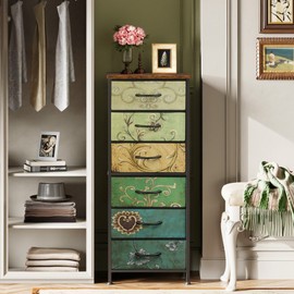 WLIVE Tall Dresser for Bedroom, 6 Drawer Dressers & Chests of Drawers, Fabric Dresser for Closet, Living Room, Night Stand with Metal Frame, Storage Tower with Fabric Bins, Wood Top, Floral Painted