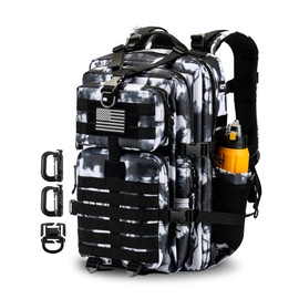 Hannibal Tactical 45L MOLLE Assault Pack, Tactical Backpack Military Army Camping Rucksack with Bottle Holder, 3-Day Pack Trip w/USA Flag Patch, D-Rings, White Camo