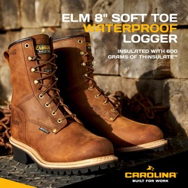 Carolina Elm 8" Soft Toe Insulated Waterproof Logger Boots for Men - 600G Thinsulate, with Oil- & Slip-Resistant Rubber Lug Outsole, EH-Rated, Brown - 8.5 4E