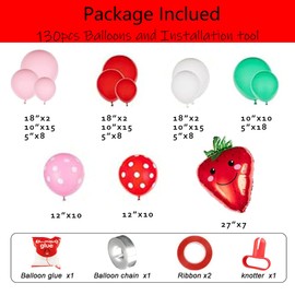 Leesoot All In One 130pcs Red Green Pink Strawberry Balloons Arch Garland Kit, 5 10 12 18inch Different Size Latex Balloons Girl Birthday Party Decor Children's Festival Baby Shower + Tools