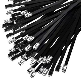 Duthcbw 100PCS 11.8" Black Epoxy Coated Metal Zip Ties, Heavy Duty Self-Locking Stainless Steel, Corrosion Resistant for Harsh Environments, Ideal for Machinery, Vehicles, Farm, Cable & Pipe Binding