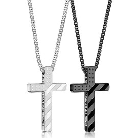 Romass 2Pcs Cross Necklace for Men,Silver Black Bible Verse Stainless Steel American Flag Pendant Chain Gifts Jewelry Box