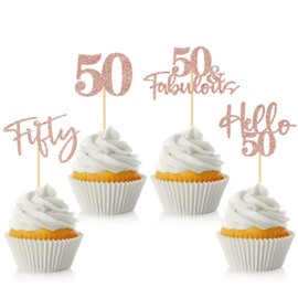 48 piezas de decoración para cupcakes de 50 cumpleaños con purpurina Hello 50 cupcakes, 50 fabulosas púas de cincuenta cupcakes para feliz 50 cumpleaños, boda, aniversario, fiesta, suministros de decoración de pasteles, oro rosa