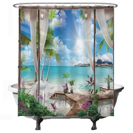 Ulticool Shower Curtain - Beach Sea Nature - 180 x 200 cm - Washable - Anti Mould - with 12 Rings - Blue White Green