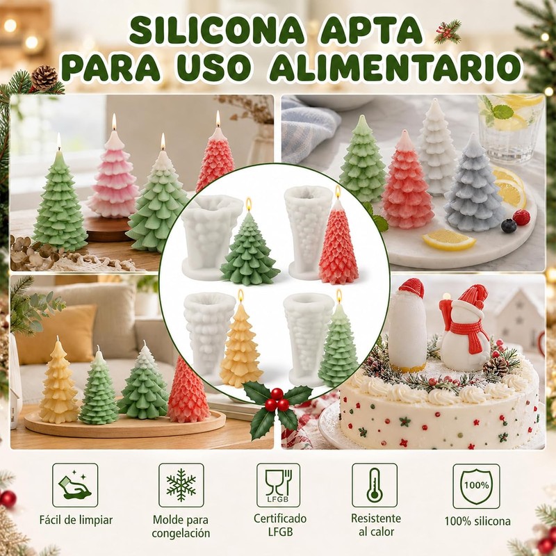 4PCS Moldes de Silicona para ARboles de Navidad,Molde para Velas