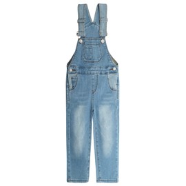 KIDSCOOL SPACE Big Girls Denim Overalls, Elastic Waistband Inside Washed Stretchy Jeans Jumpsuit,Light Blue,12