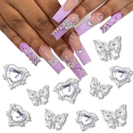 Shiny Alloy Butterfly Nail Charms, YAEISM 10Pcs Silver Butterfly Charms for Nails and 3D Hearts Nail Rhinestones Metal Nail Gems Shiny Crystal Charms for Women Nail Art and DIY Jewelry Decoration