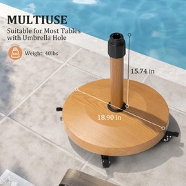 VredHom Patio Umbrella Base with 4 Wheels, 44lbs Round Heavy Duty Concrete Stand for Outdoor Market Umbrella, Teak