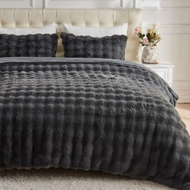 Lotus Karen Fluffy Comforter Cover Set-Rabbit Fluff Faux Fur Duvet Cover Queen Size,Dark Gray Plush Fuzzy Furry Bedding Sets 3Pieces(1 Duvet Cover & 2 Pillow Shams),Zipper Closure
