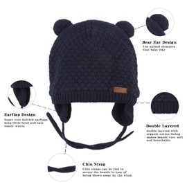 Bamery Baby Infant Earflap Beanie Hat Toddler Boys Girls Winter Warm Crochet Cap (Bear Navy1, 1-3T)