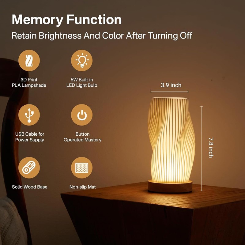 Table Bedside Lamp with Woodbase, Button Control Night Light for
