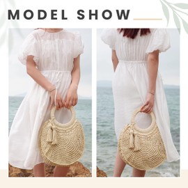 EVEOUT Women's Round Straw Handbag Summer Fashion Crochet Beach Bag with Bamboo Handle Handwoven Clutch Handbag, Beige 02