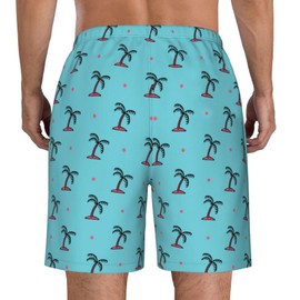 Cerburny Mens Swim Trunks with Compression Liner Men Beach Shorts Bathing Suit Quick Dry Printed Blue Coconut Palm Swimming Short with Pockets