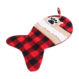 Gadpiparty Pet Dog Cat Christmas Stockings, Burlap Plaid Large Fish Shape Stockings, Classic Hanging Stockings for Christmas Decorations