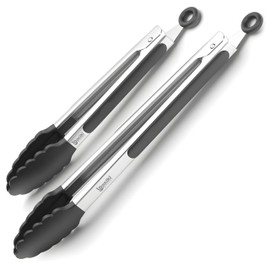 Kitchen Tongs for Cooking with Silicone Tips by Boxiki Kitchen, BPA Free Stainless Steel set of 2 Silicone Tongs for Cooking, Grilling & Toss a Salad, Heat Resistant Grill Tongs for Serving Food.