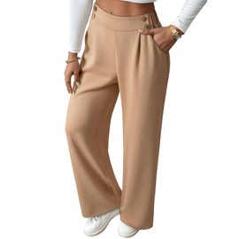 EVALESS Womens Khaki Work Pants Wide Leg High Waisted Business Casual Slacks Ladies Loose Stretchy Straight Double Button Pleated Petite Dress Trousers Fall Fashion 2025 Pants with Pockets Small