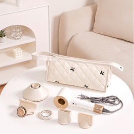 RSRSLEII Large Quilted Hair Tools Travel Bag,Aesthetic Waterproof Hair Styling Accessories Storage Case for Flat Irons,Straightener,Curling Iron,Hair Dryer,Dyson Airwrap Travle Bag（05White Bow）