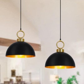 Quxezz Black and Gold Dome Pendant Light Fixture for Kitchen Island, Farmhouse Pendant Lighting 11.8" Industrial Hanging Lamp Vintage Metal Chandelier for Dining Room Hallway Cafe Sink Foyer, 2 Pack