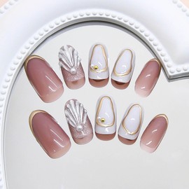RUOKEXIN Almond Press on Nails Gold French Tip Fake Nails Beach False Nails with 3D Shell Designs Oval Nail Press ons Sparkly Artificial Nails Cute Stick on Nails for Women 24Pcs