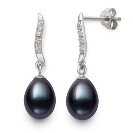 Sterling Silver Black Cultured Freshwater Pearl with Lab-Created Sapphire Dangle Earrings for Women