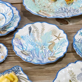 Blue Lagoon Melamine Dinner Plates Set of 4 – 11" Coastal Blues and Coral White Design, Perfect for Indoor and Outdoor Dining, BPA-Free and Dishwasher Safe