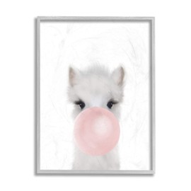 Stupell Industries Baby Woodland Alpaca with Pink Bubble Gum, Design by Leah Straatsma Grey Framed Wall Art, 11 x 14, White