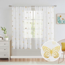 Jubilantex Butterfly White Sheer Curtain Panels for Kids Nursery Girl, Gold Print Toddler Linen Textured Voile Rustic Rod Pocket Drapes 63 Inch for Farmhouse, Living Room, Bedroom, 2 Panels