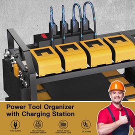 Power Tool Organizer with Charging Station: 7 Cordless Drills Holder Wall Mount Power Tool Shelf Storage Systems with 4 Outlet Power Strip, Electric Tool Storage Rack for Garage Organization/Workshop