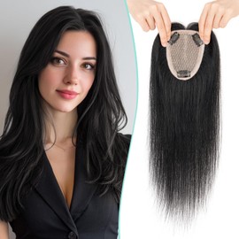 Benehair 100% Remy Human Hair Toppers for Women, 9 * 12CM Silk Base Hairpieces No Bangs 150% Density for Thinning Hair Jet Black 10 Inch