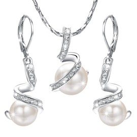 Aleasha Pearl Pendant Necklace Earring Set Women's Silver Chain Jewellery Set Stainless Steel Gift 45 cm, Gold, Pearl