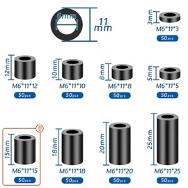 SWTYExt Plastic Spacer Sleeves M6 Round Spacers Pack of 50 Nylon Washers ABS Rubber Spacer Insulation Washers 11 x 15 mm Black Spacers for M6 Screws