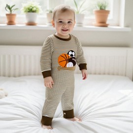 Newborn Baby Fall Clothes Boys Girls Striped Romper Waffle Knit Long Sleeve Embroidery One Piece Footless Jumpsuit (C-Coffee, 0-3 Months)