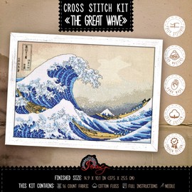 Povitrulya Counted Cross Stitch Kit for Adults ‘The Great Wave Off Kanagawa’ - Hokusai’s Ukiyo-e Japanese Art - Embroidery Set with Pattern Japan Design