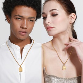 MOWOM Initial Letter Pendant Necklace for Men Women Square Pendant Capital Monogram Necklace Gold Plated A-Z Letter Pendant Necklace 22-inch Gold Initial Necklace (T)