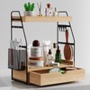 2 Tier Bathroom Counter Organizer with Drawer & Basket, Wooden Vanity Tray Countertop Shelf Accessories for Makeup Storage, Coffee Bar Station, Perfume Skincare, Kitchen, Bedroom (Brown)